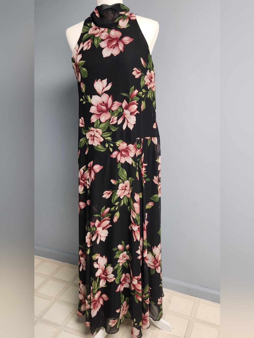 Rachel Zoe Black Halter Maxi Dress with Pink Floral Print